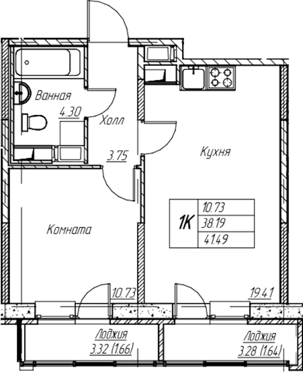 1-комнатная квартира 41.49 м², 12/22 эт., ЖК «Парк-квартал Юнтолово»
